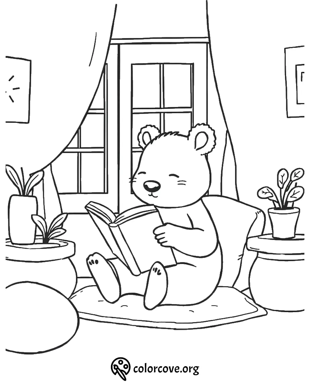 Cute bear reading a book by a window, surrounded by plants. Cozy coloring page for kids.