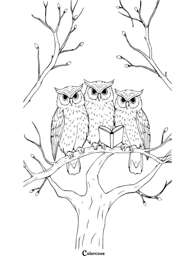Three owls perched on a tree branch reading a book together in this Animals Reading coloring page.