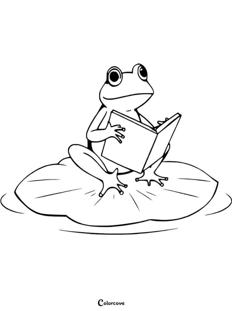 A cute frog sitting on a lily pad reading a book in this printable coloring page.