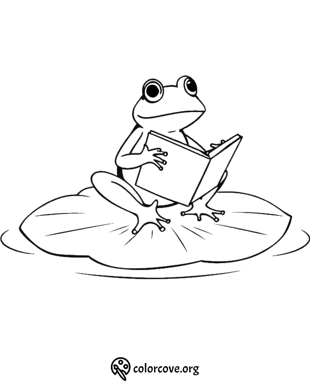 Cartoon frog reading a book on a lily pad coloring page. Fun activity for kids to promote creativity and learning.