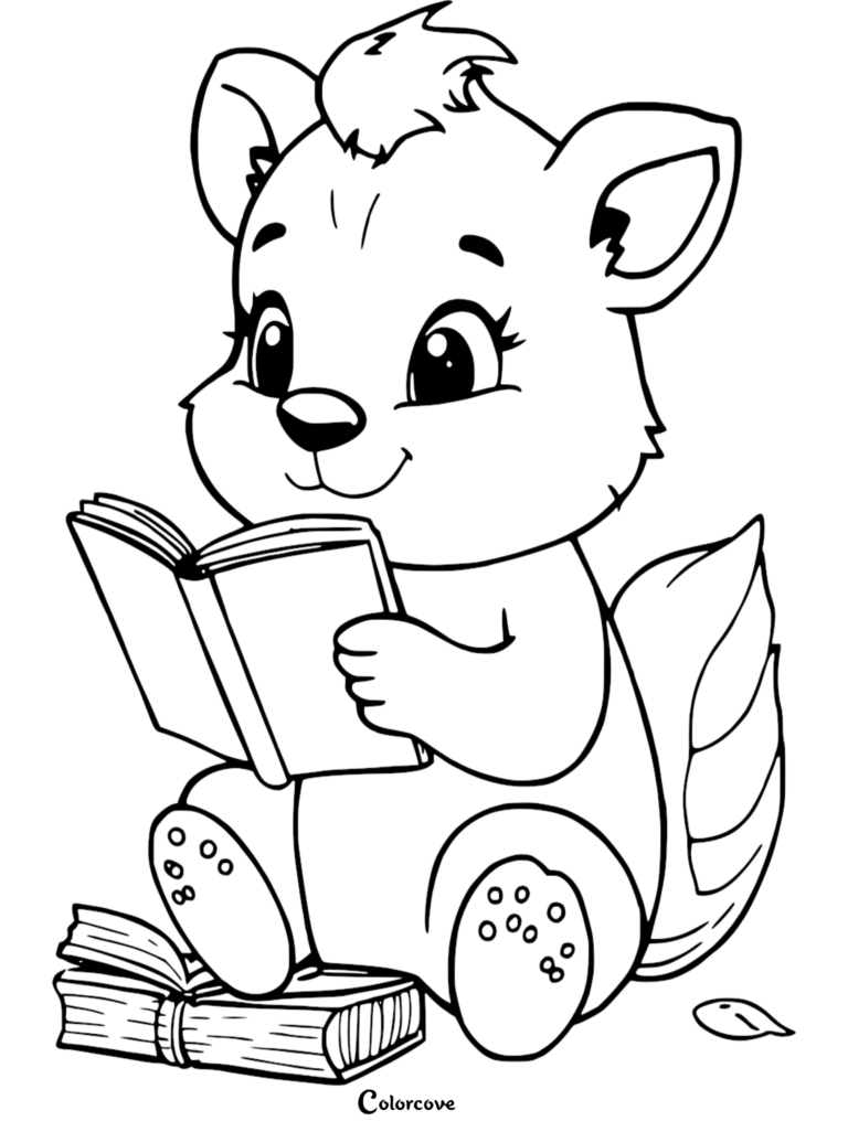 A cute animal reading a book while sitting on another book in this printable coloring page.