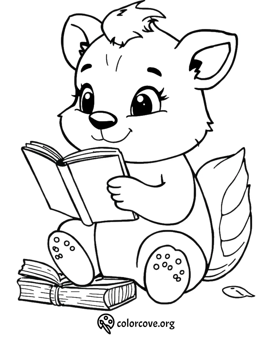 Cute cartoon animal reading book coloring page for kids, perfect for fun and educational activities.