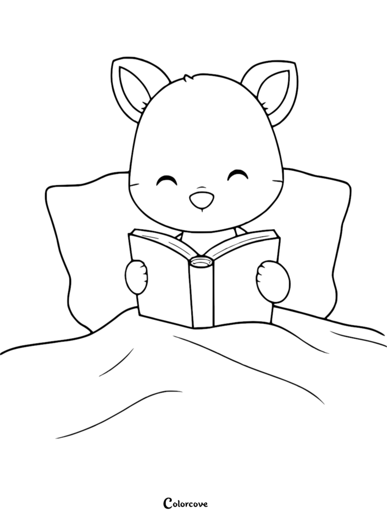 A cute animal reading a book in bed, featured in this Animals Reading coloring page printable.