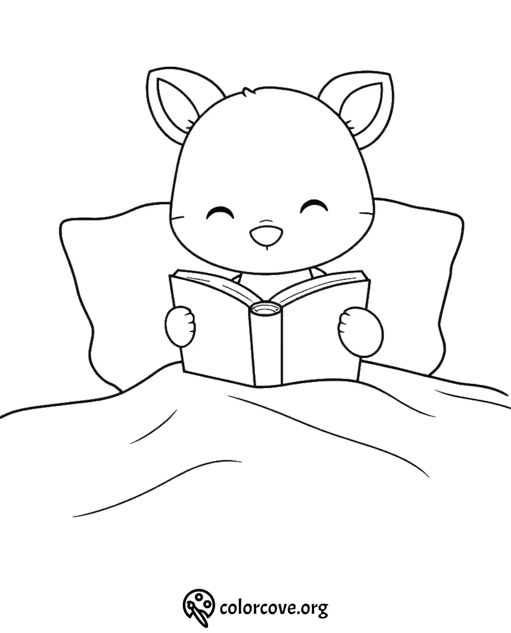 Cute animal reading a book in bed coloring page – perfect for kids' creativity and bedtime fun activities.