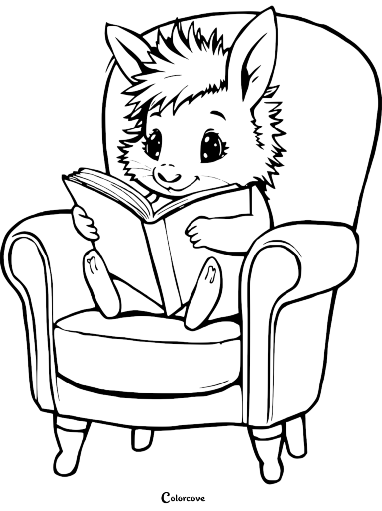 A cute animal reading a book while sitting in a cozy armchair in this printable coloring page.