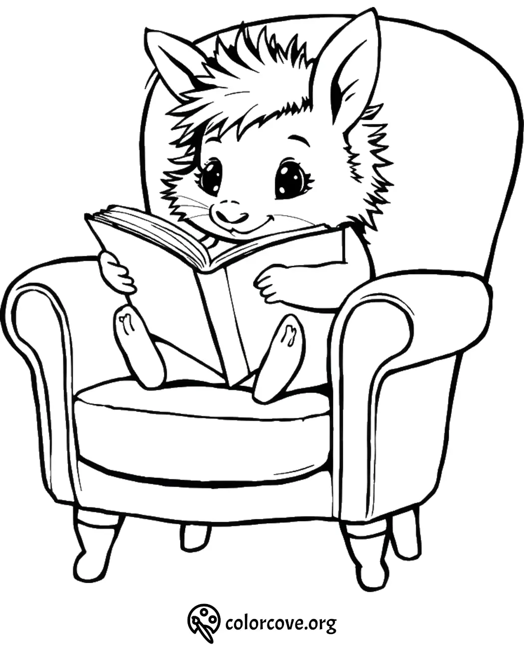 Cute donkey reading a book in a comfy armchair coloring page.