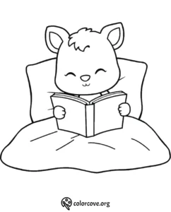 Cute cartoon animal reading a book in bed coloring page, perfect for children's activities and creativity.