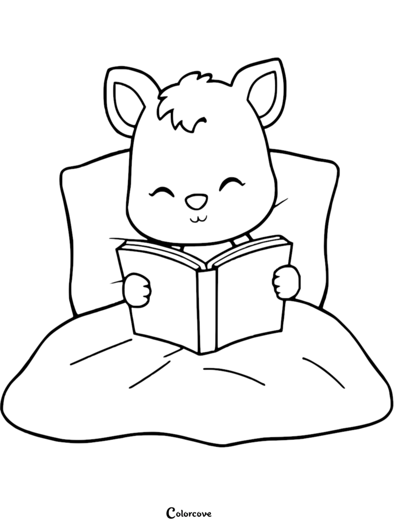 A cute animal sitting in bed under a blanket reading a book in this printable coloring page.