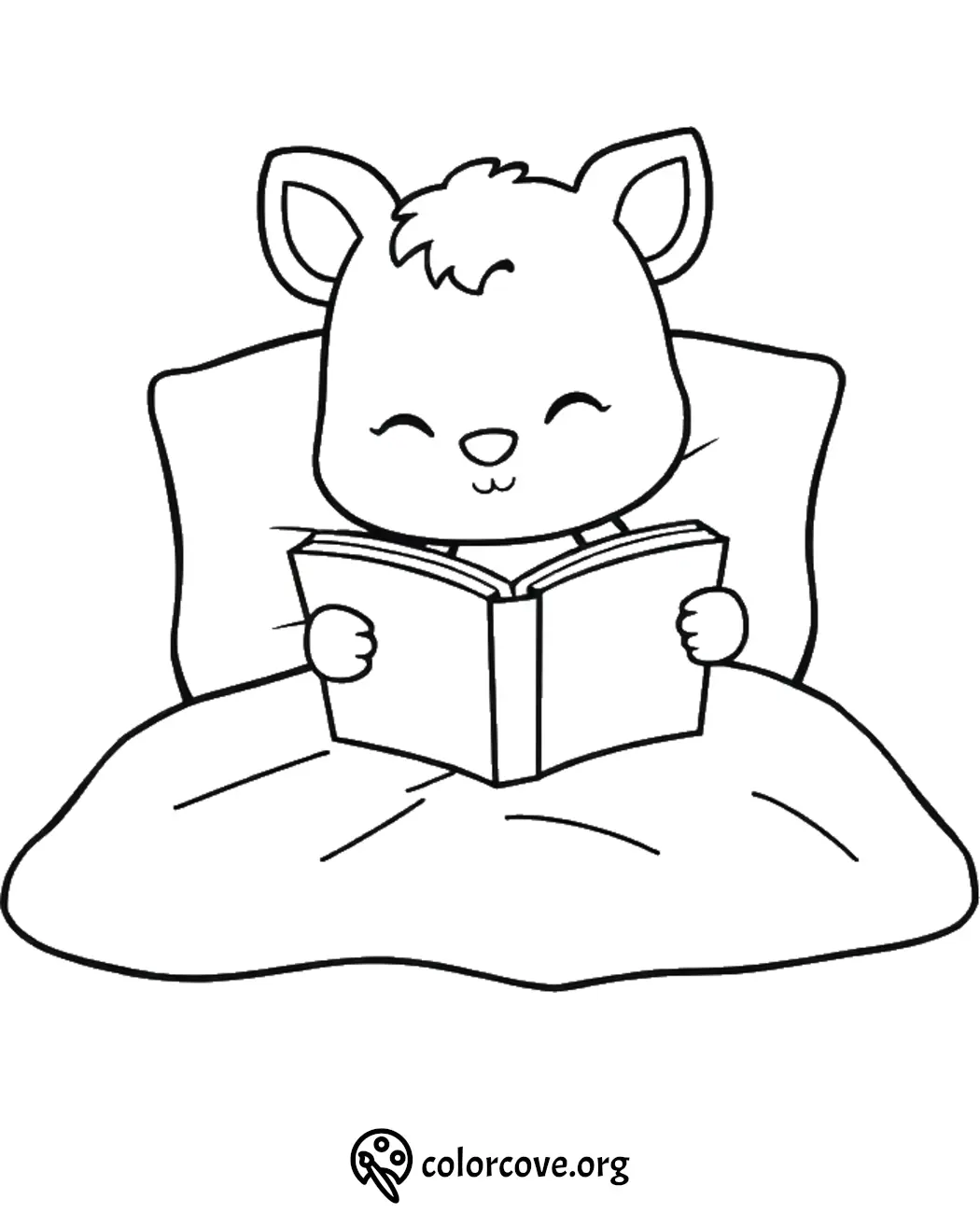 Cute cartoon animal reading a book in bed coloring page, perfect for children's activities and creativity.