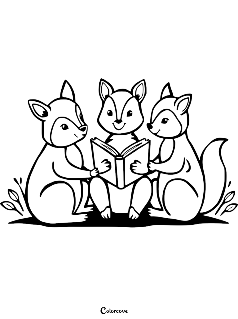 Three cute animals reading a book together in this printable coloring page.