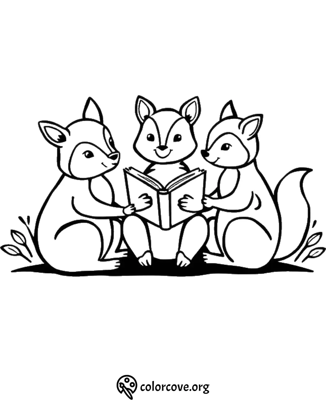 Three cute chipmunks reading a book together in a coloring page. Fun animal activity for kids.