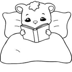 Cute bear reading a book in bed, coloring page for kids.