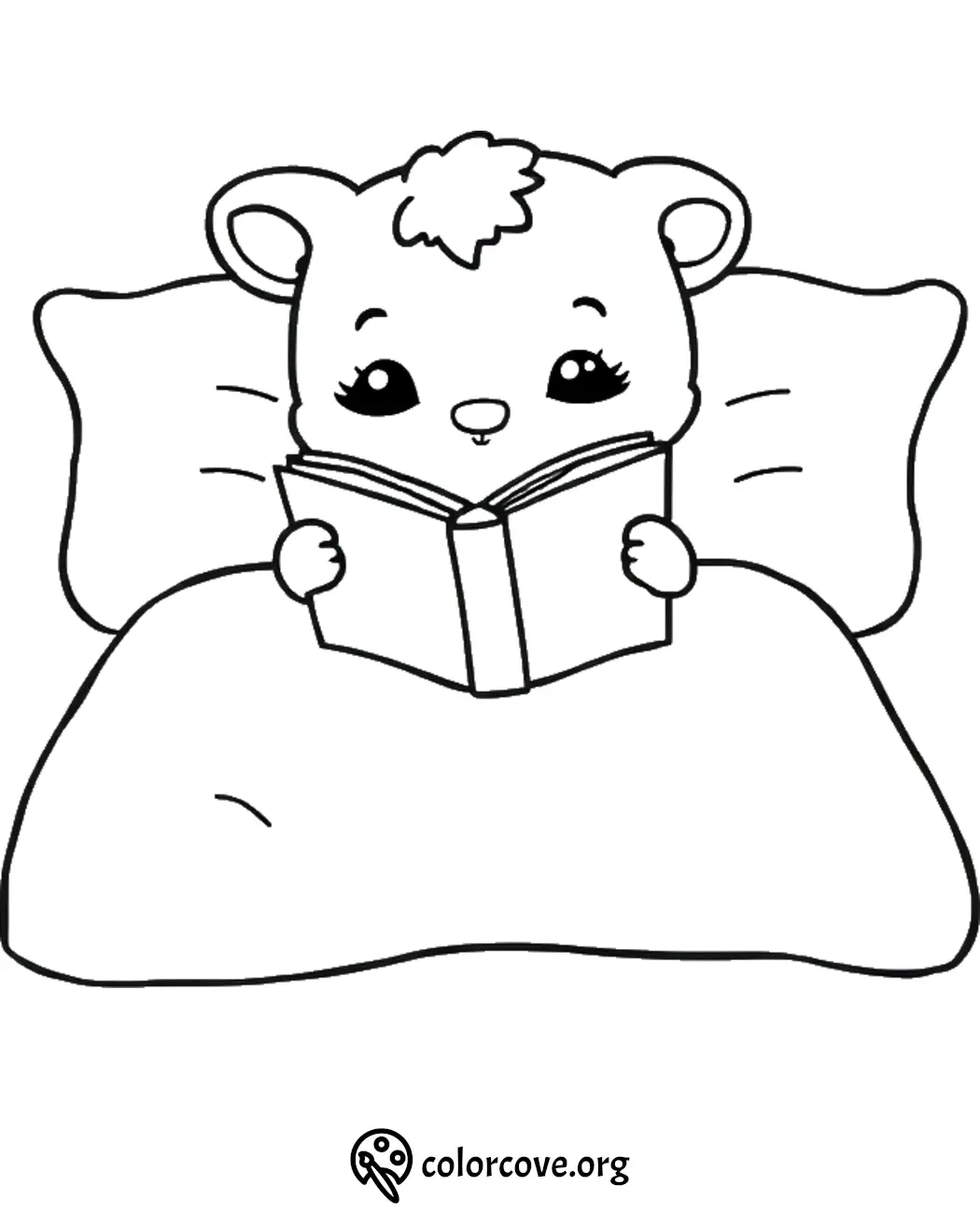 Cute bear reading a book in bed, coloring page for kids.