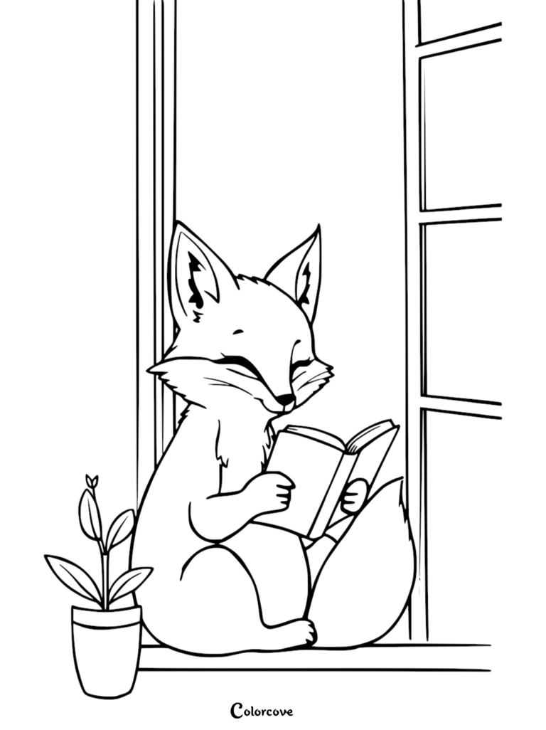 A cute fox sitting on a windowsill reading a book next to a potted plant, printable coloring page.