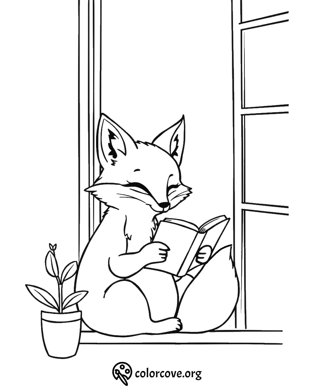 Cute fox reading book by window in coloring page with plant. Perfect for kids' animal art activities. ColorCove.org