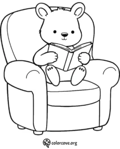Cute bear reading on a chair coloring page for kids. Fun, educational, and printable activity.