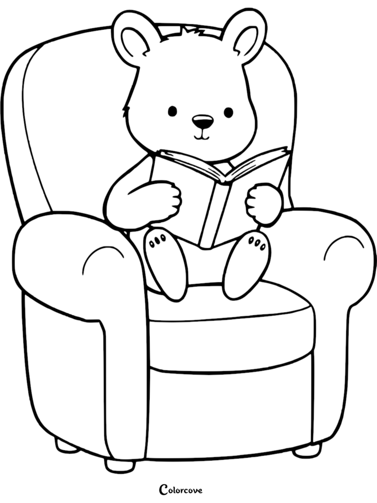 A cute bear sitting in a cozy armchair reading a book, printable coloring page.