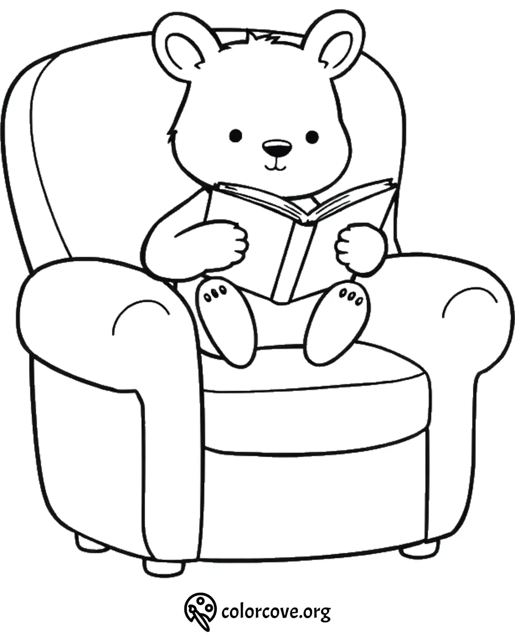 Cute bear reading on a chair coloring page for kids. Fun, educational, and printable activity.