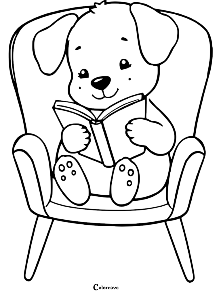 A cute puppy sitting in an armchair reading a book in this printable coloring page.