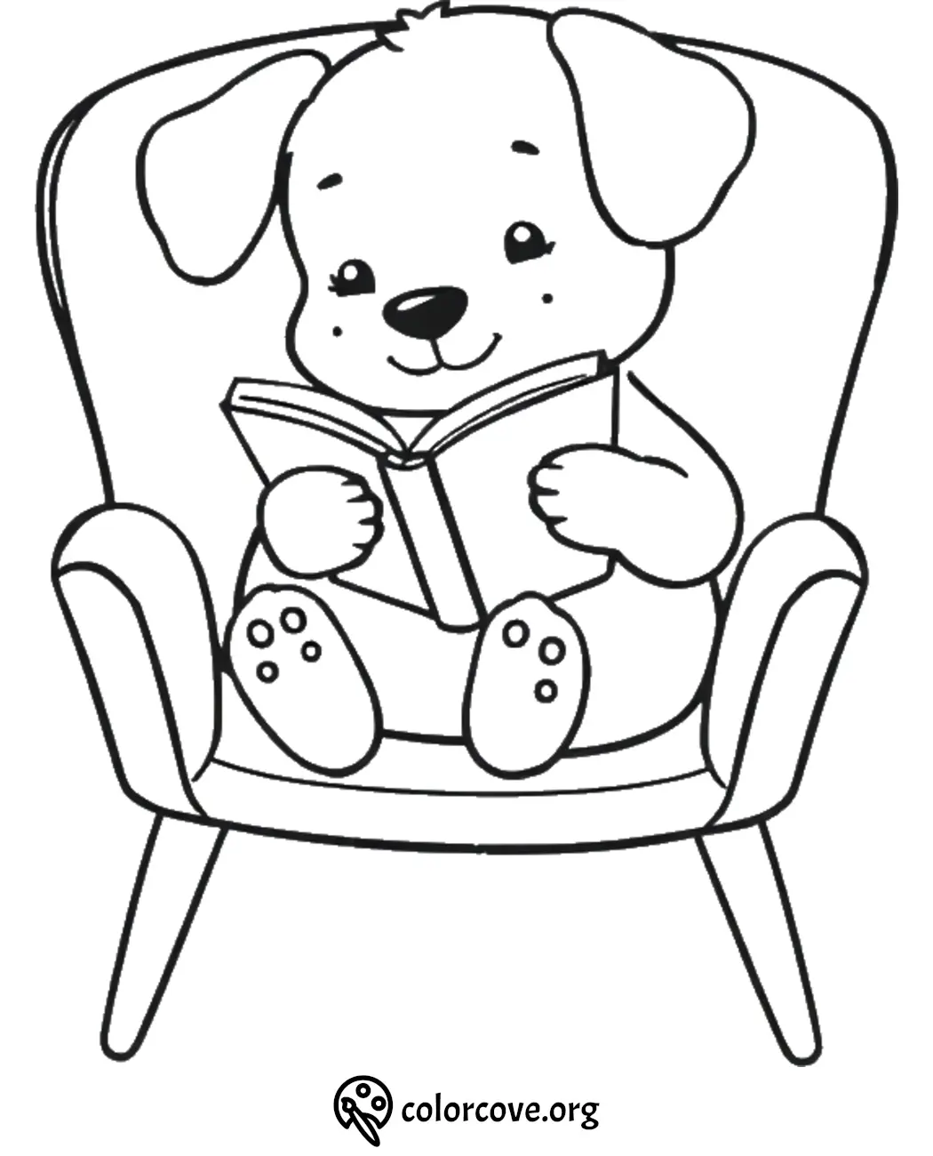 Cute puppy reading a book in a chair, printable coloring page for kids.