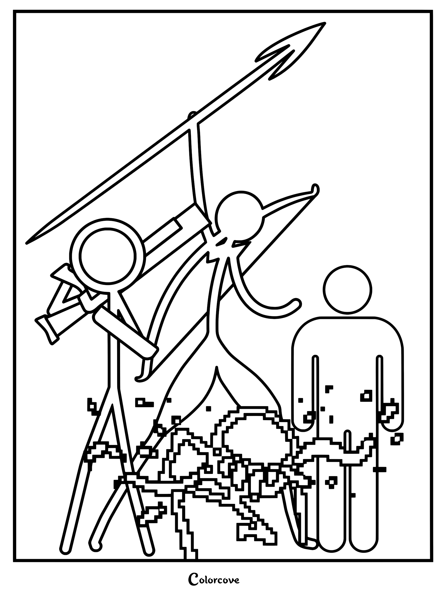 Animator Vs. Animation Mercenaries coloring page featuring stick figures with a spear and pixelated effects.