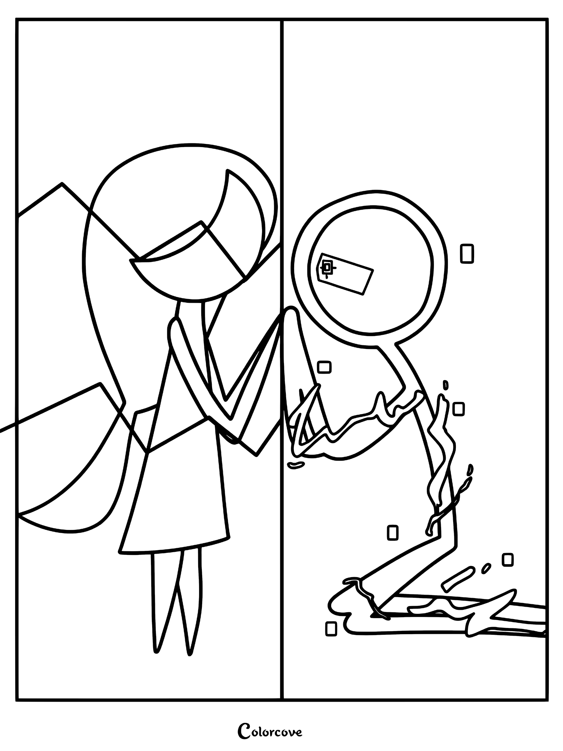 A printable coloring page featuring Mitsi standing beside the kneeling Victim, who is surrounded by digital glitch effects.