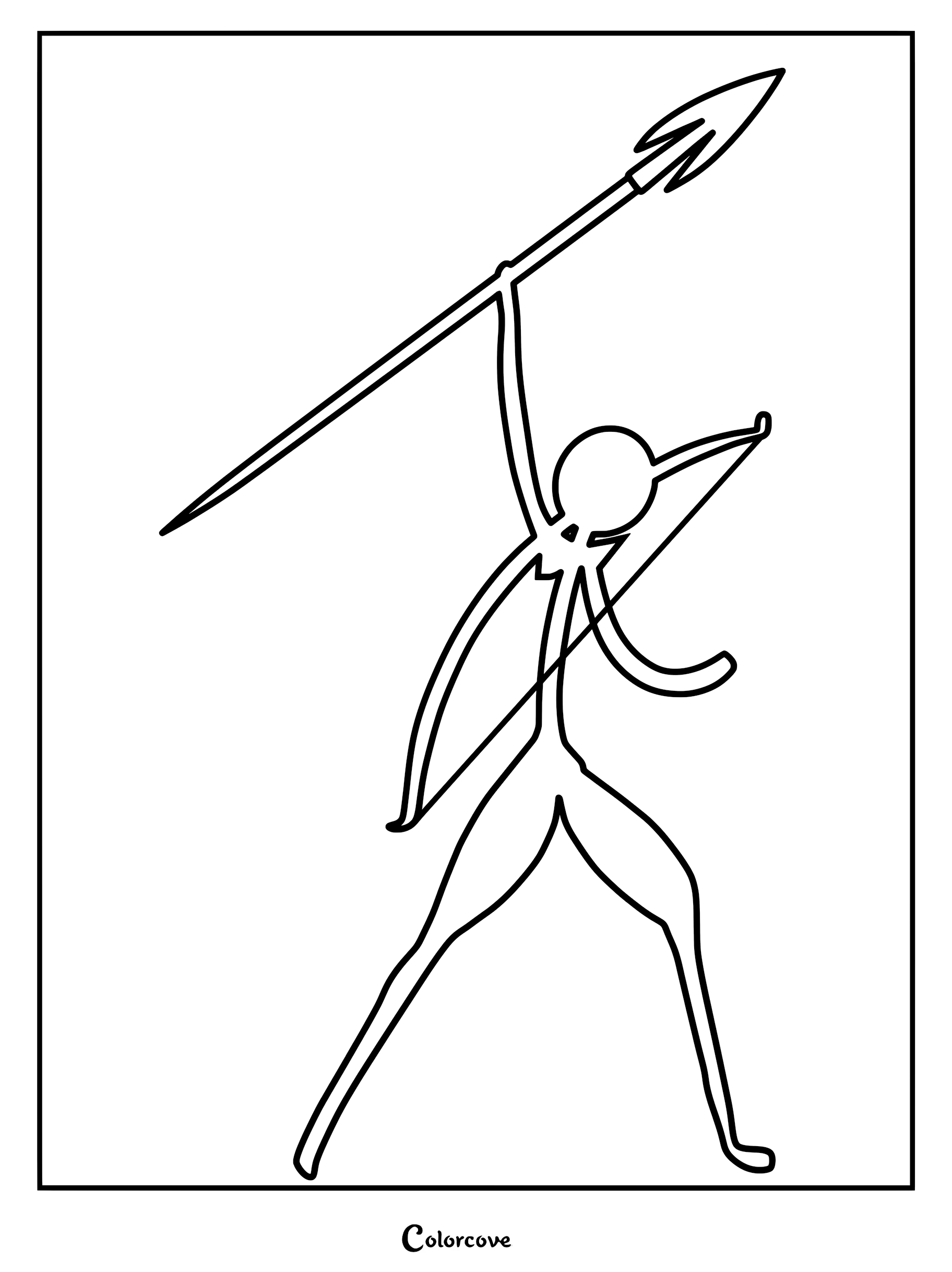 A printable coloring page featuring a stick figure character from Animator Vs. Animation in a Primal pose holding a spear high above its head.