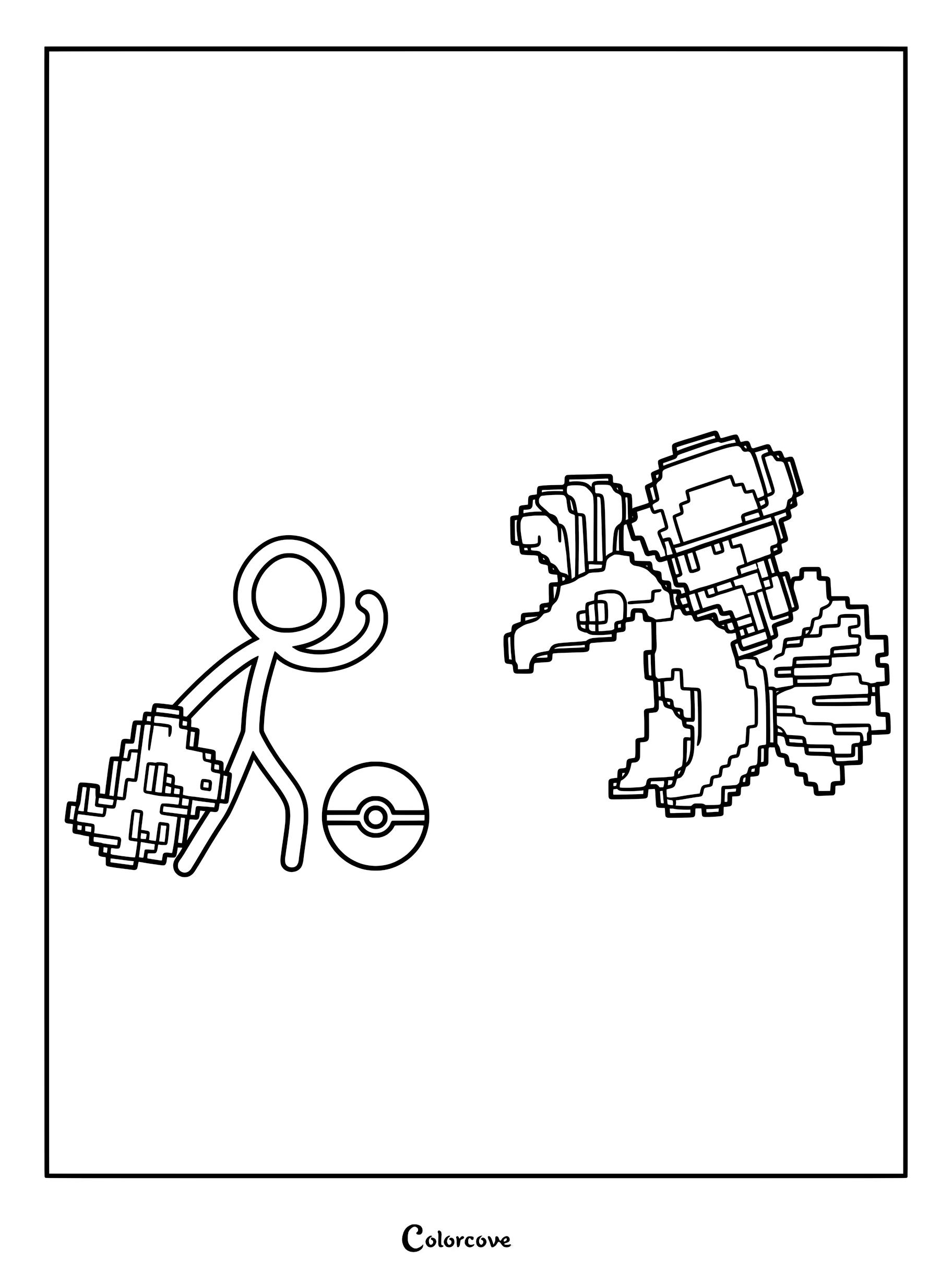 Animation vs. Ethan Pokémon coloring page featuring a stick figure holding a pixelated creature next to a Poké Ball facing a large pixelated Pokémon.