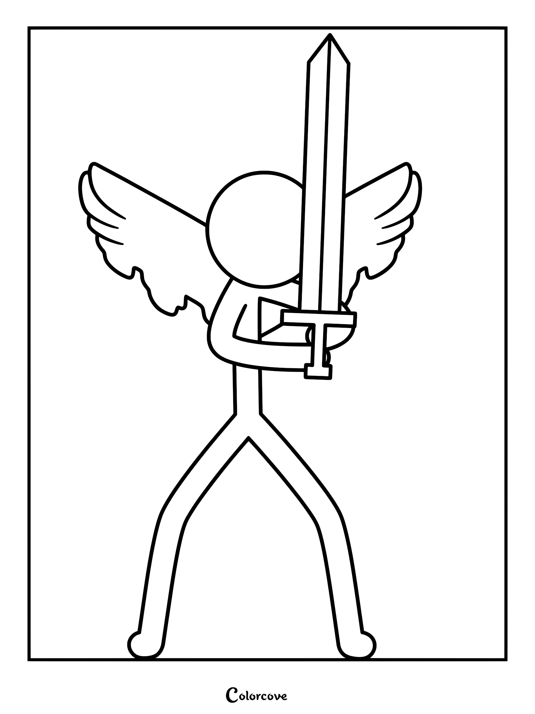 Purple from Animator Vs. Animation holding a large sword with angel wings in this printable coloring page.