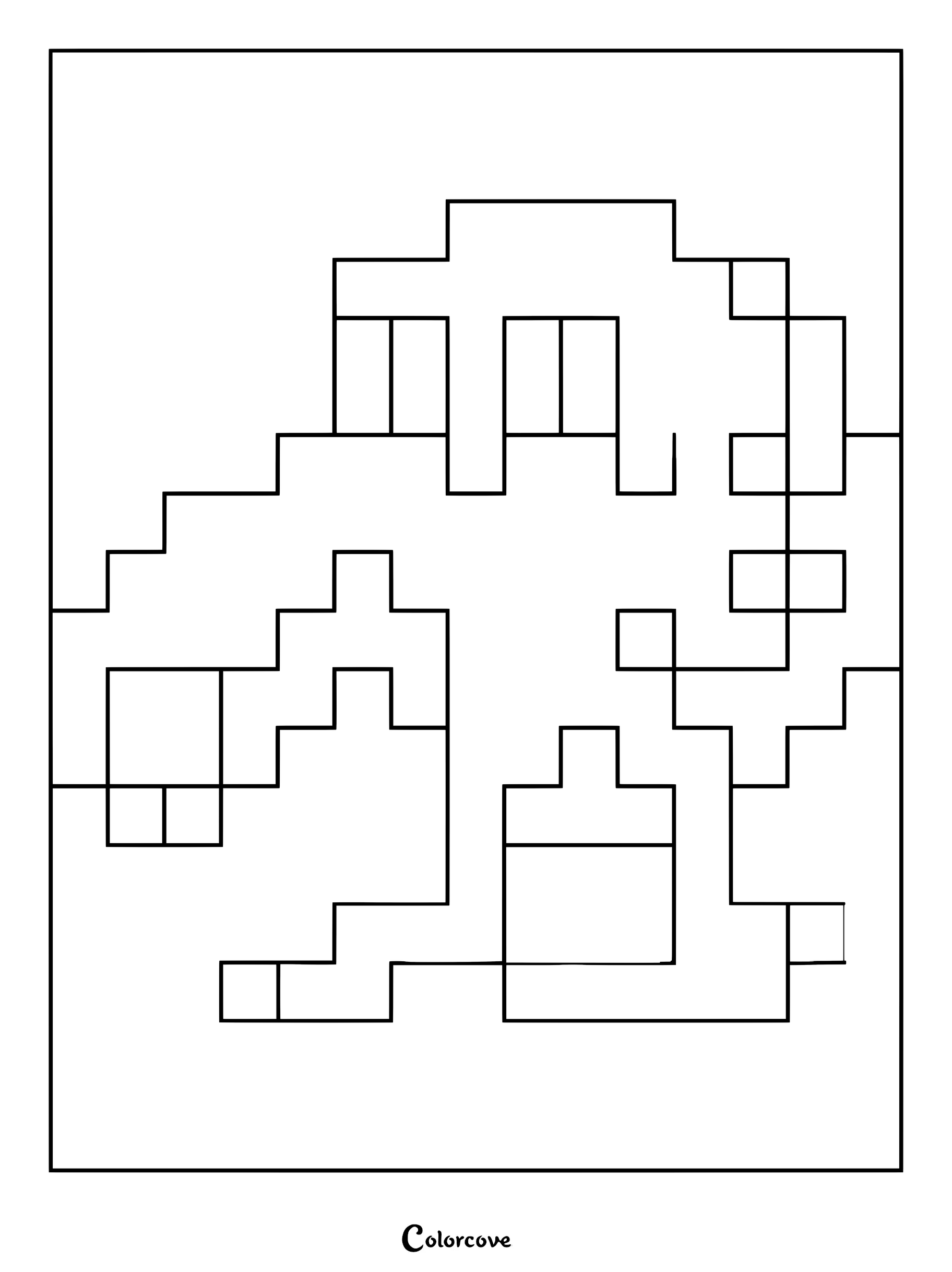 A simple black and white line art coloring page of the classic arcade character Q*bert rendered in a blocky pixel style.