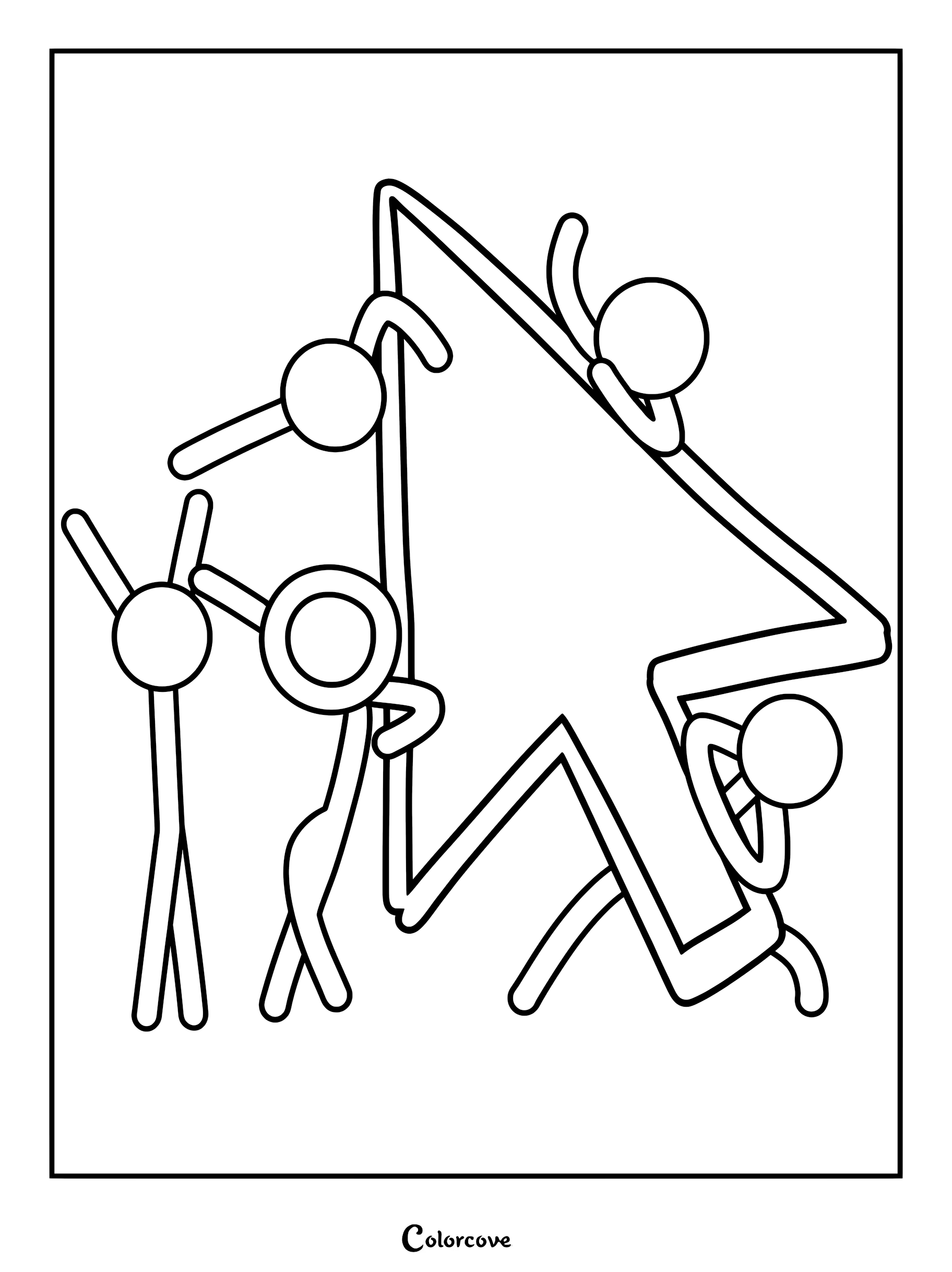Red, Orange, Yellow, Green, and Blue stick figures working together to push against a large computer cursor in this printable coloring page.