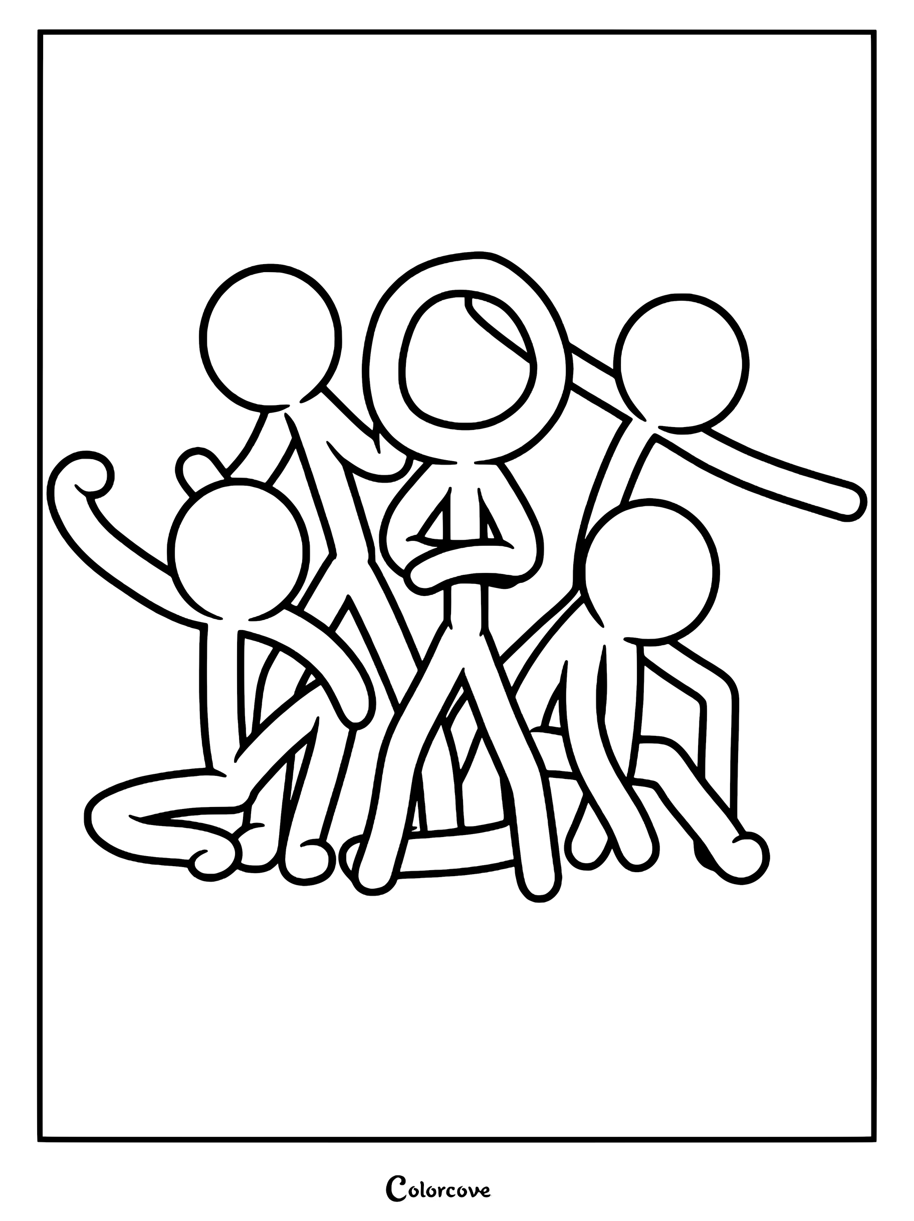 The Stick Gang from Animator Vs. Animation posing together in a group line art coloring page.