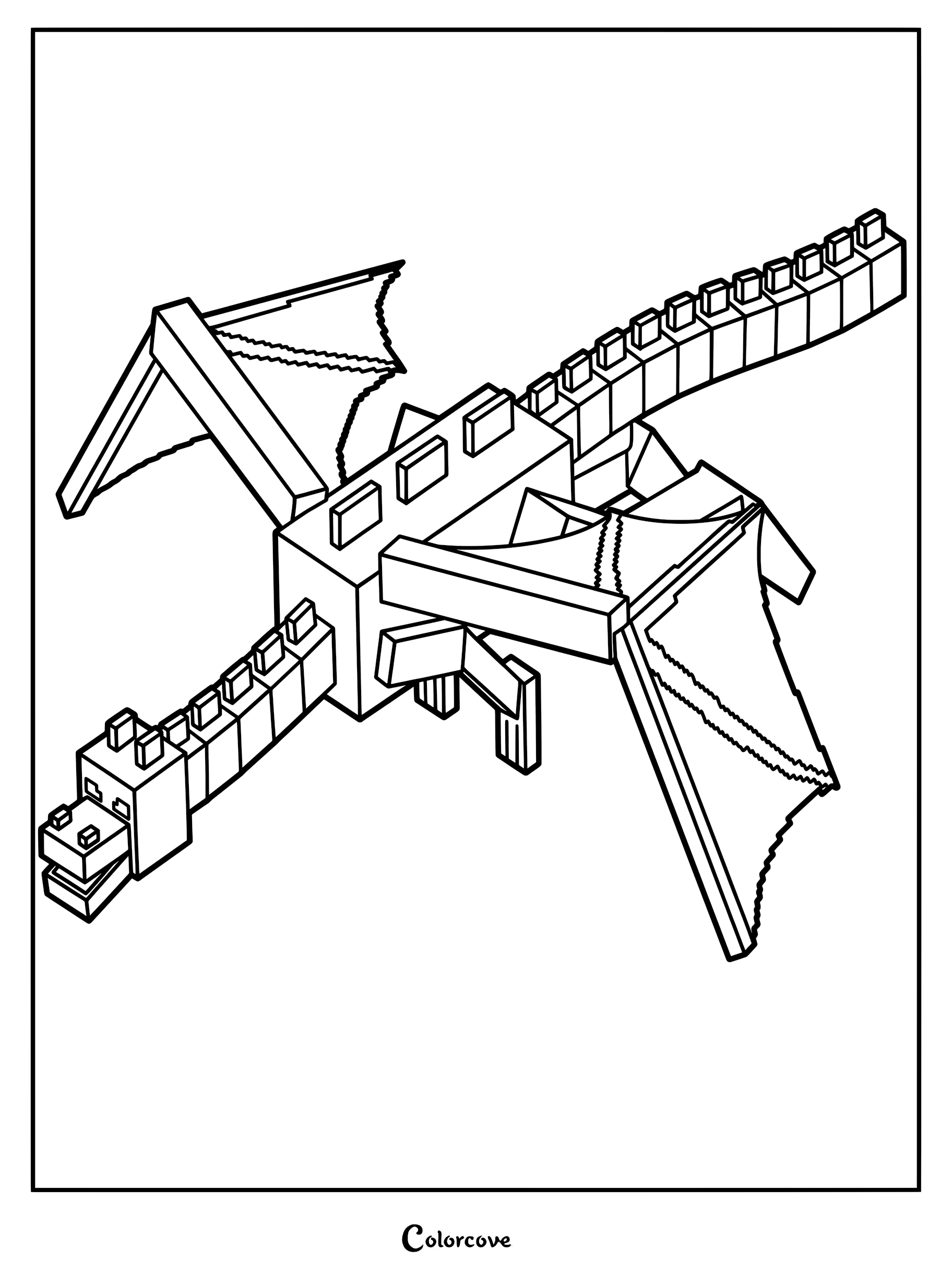A printable coloring page featuring the blocky, pixelated Ender Dragon from Animator Vs. Animation in a flying pose.