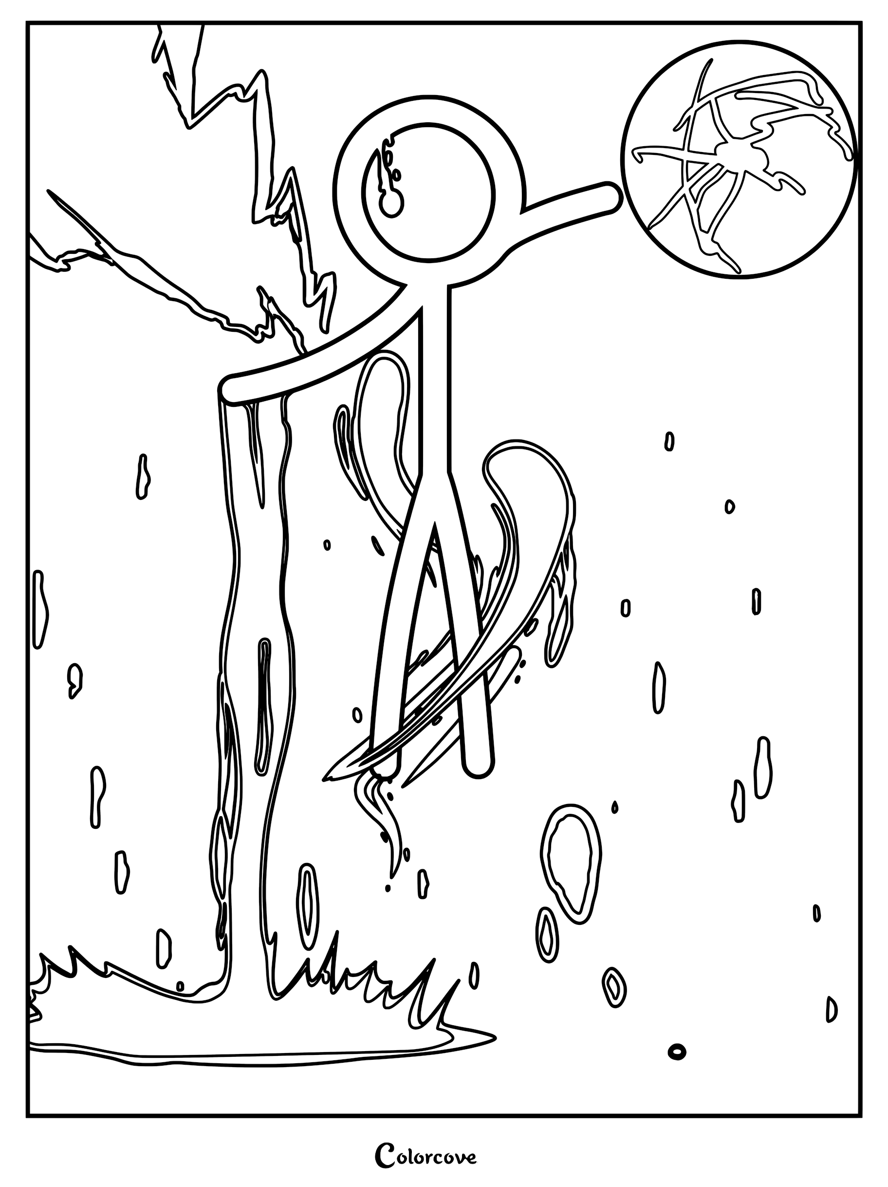 The Dark Lord from Animator Vs. Animation hovering in a storm with lightning and a cracked moon in this printable coloring page.