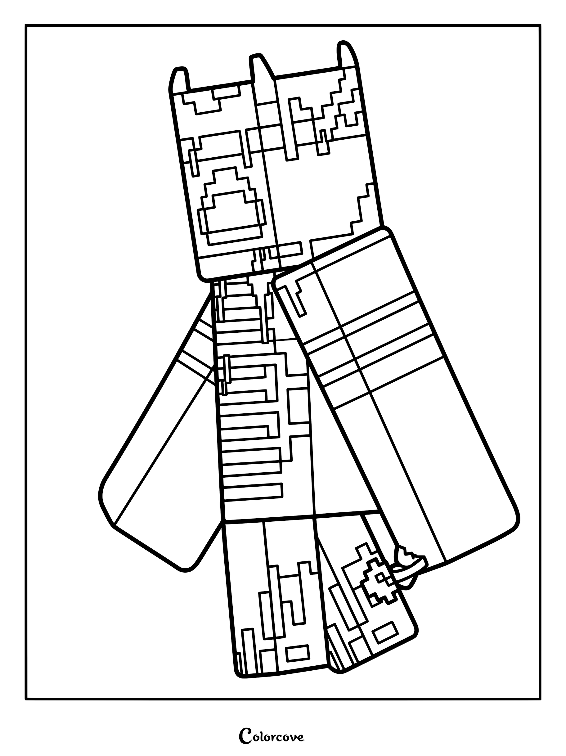 A detailed line art coloring page of the Warden from Animator Vs. Animation, featuring its blocky, pixelated head and sturdy limbs.