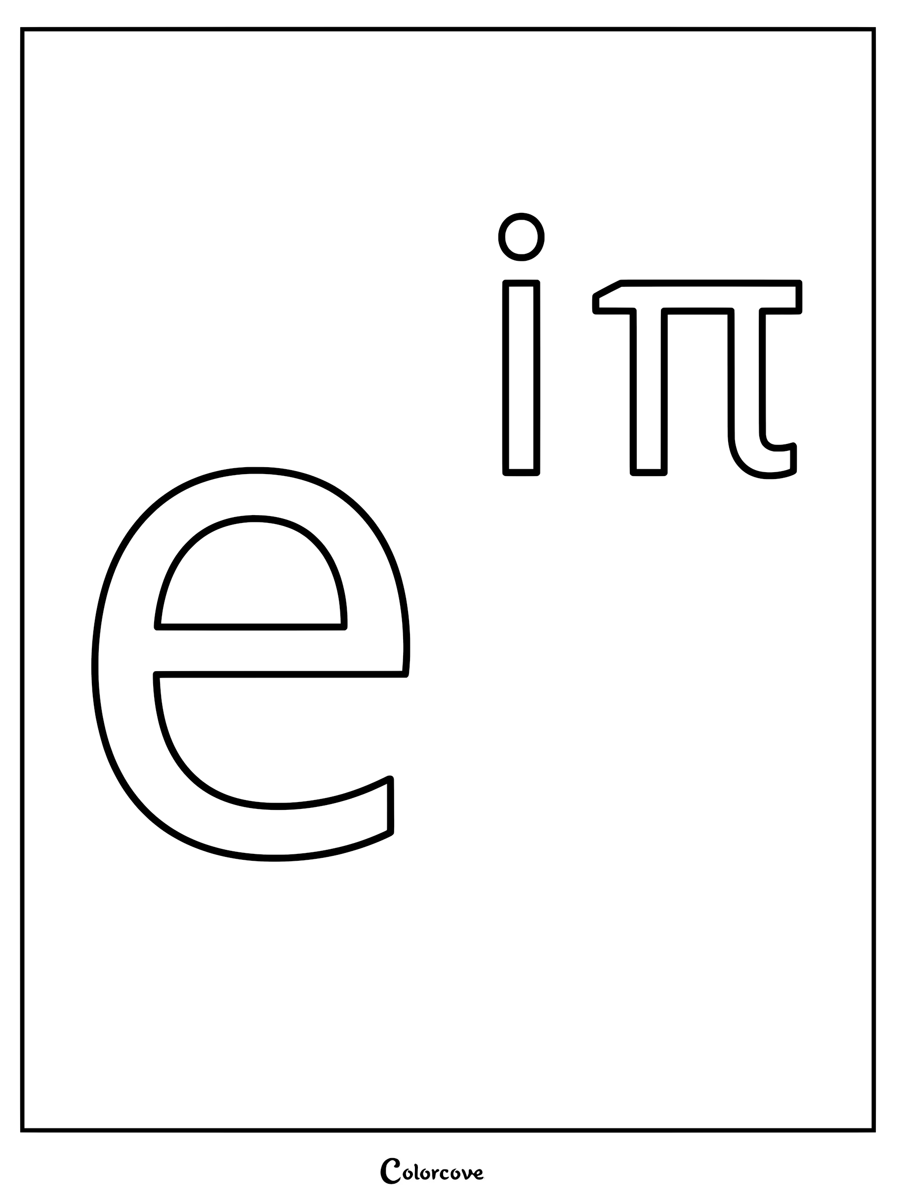 A printable coloring page featuring the mathematical expression Euler's identity with the letter e and the exponent i pi.