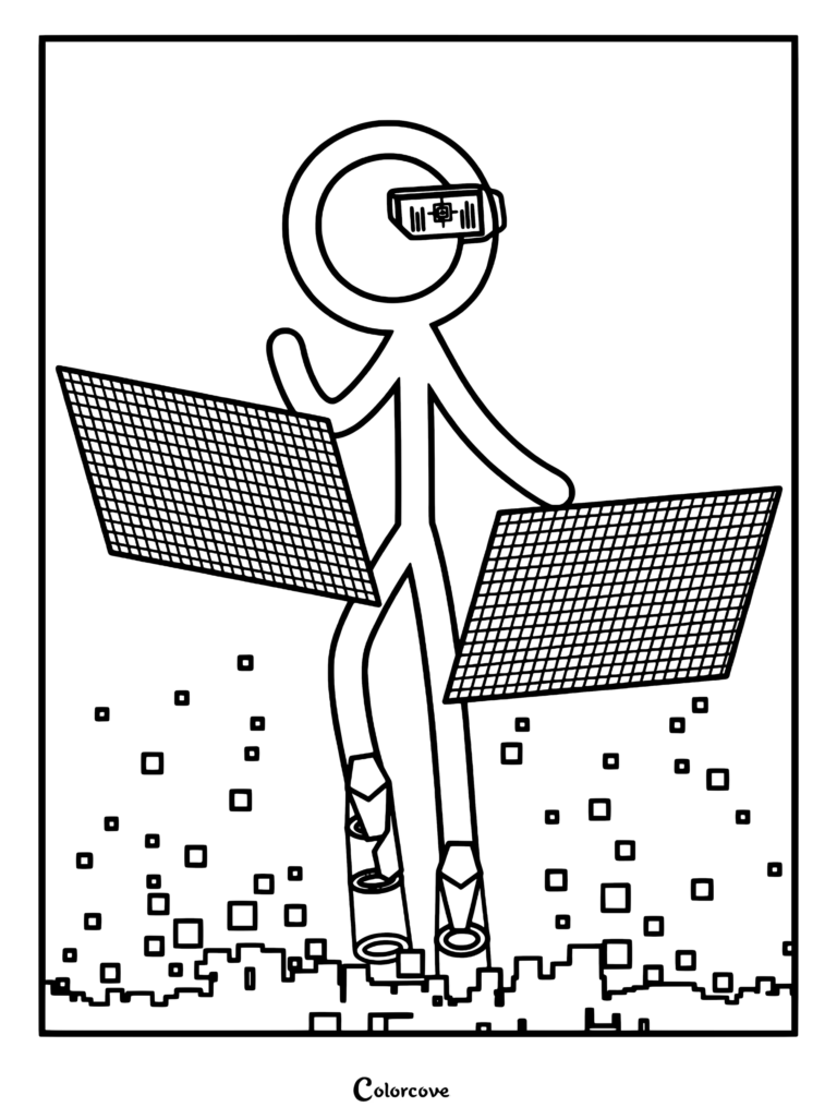 H4CK3R wearing a digital visor and manipulating two floating grid screens in this Animator vs. Animation coloring page.