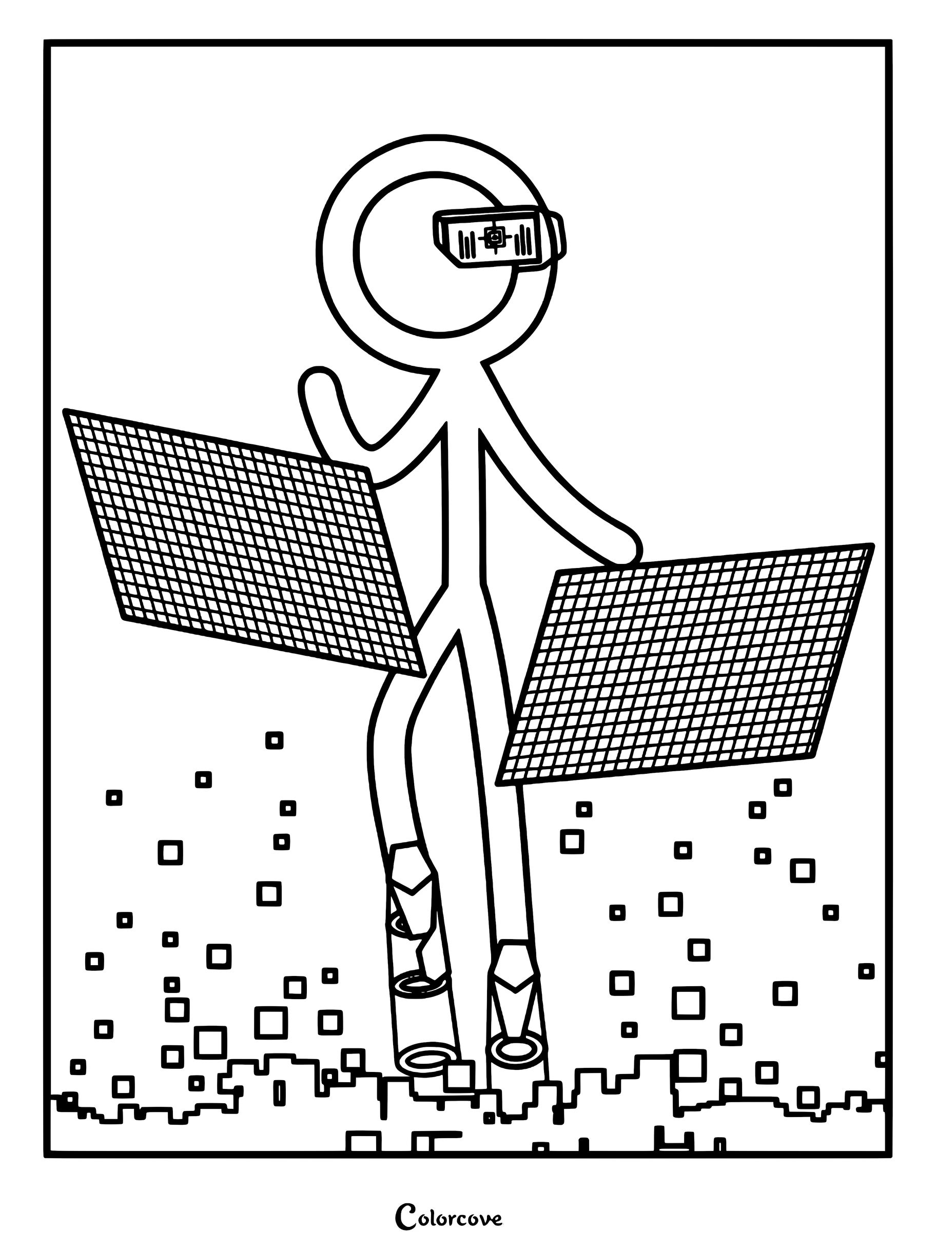 H4CK3R wearing a digital visor and manipulating two floating grid screens in this Animator vs. Animation coloring page.