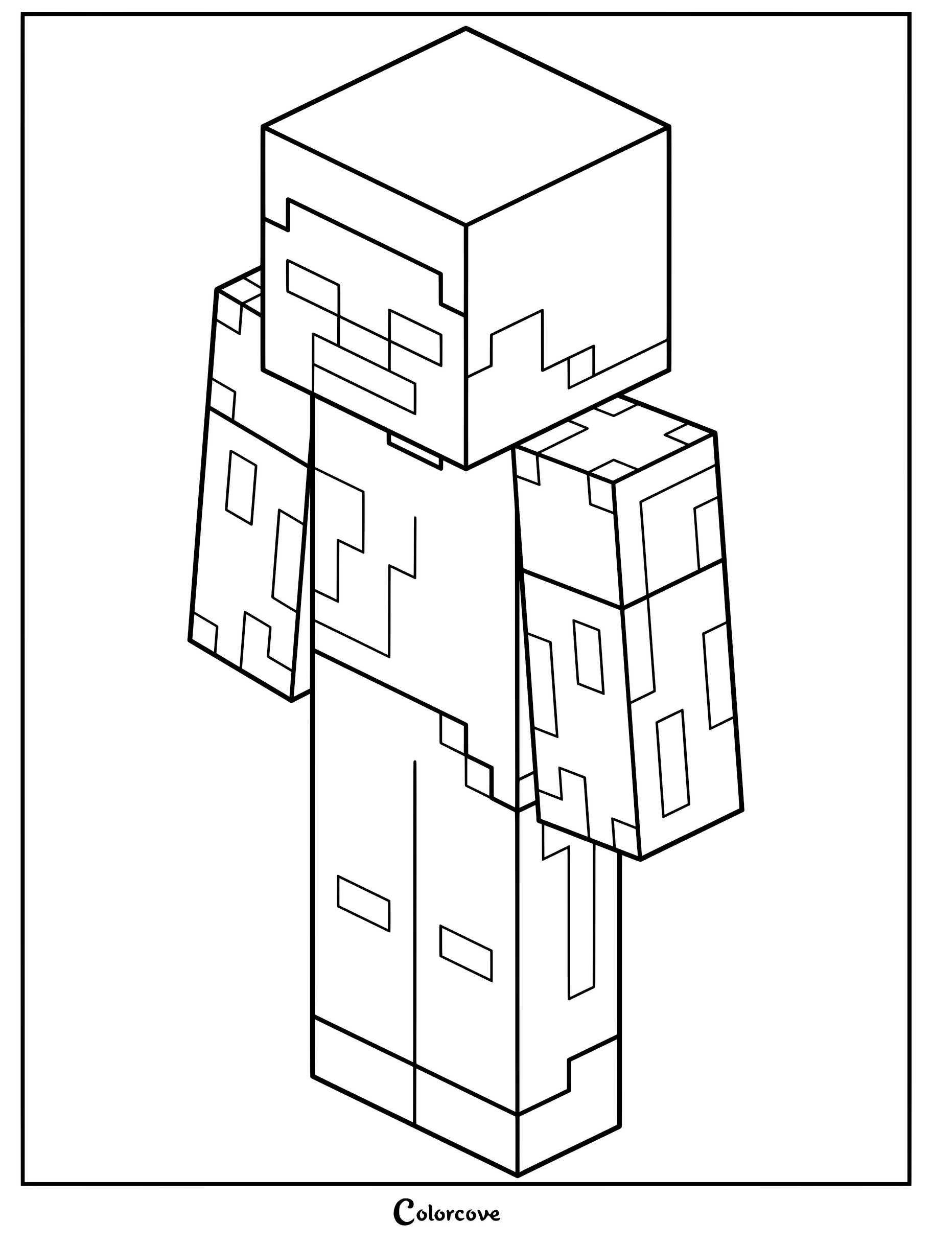 A printable coloring page featuring the blocky, pixelated character Herobrine standing in a front-facing isometric view.