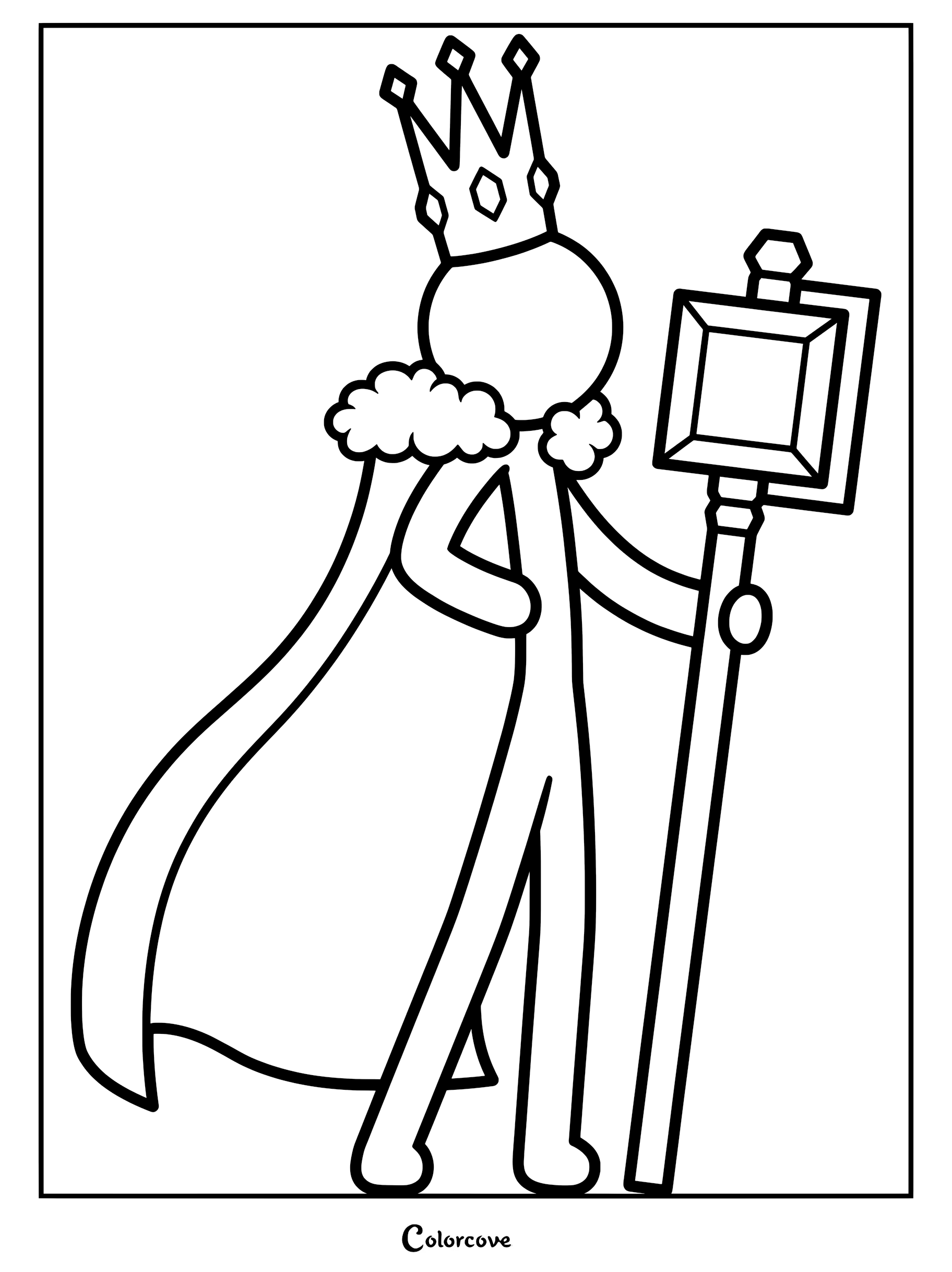 King Orange from Animator Vs. Animation wearing a crown and cape while holding a staff in this printable coloring page.