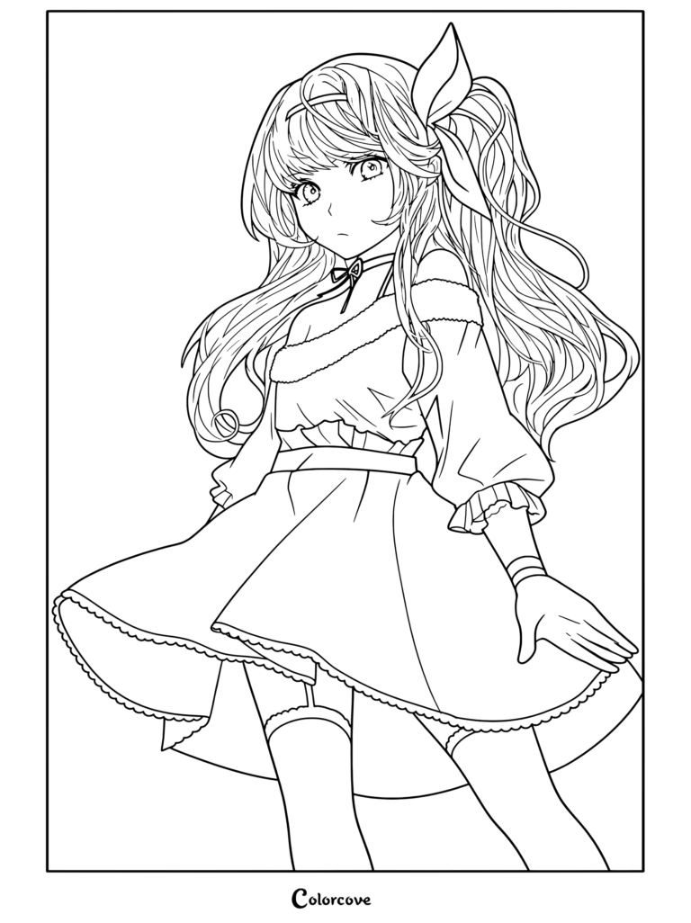 Dibujo para colorear de una chica anime con largo cabello ondulado, un lazo y un vestido acampanado.