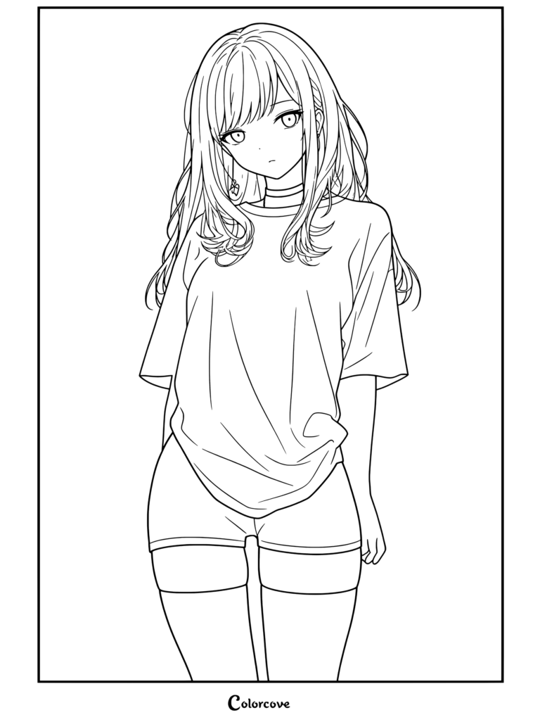 Dibujo para colorear para fans de Chicas Anime de una chica anime rubia de ojos azules con camiseta blanca oversize, shorts negros y medias negras.