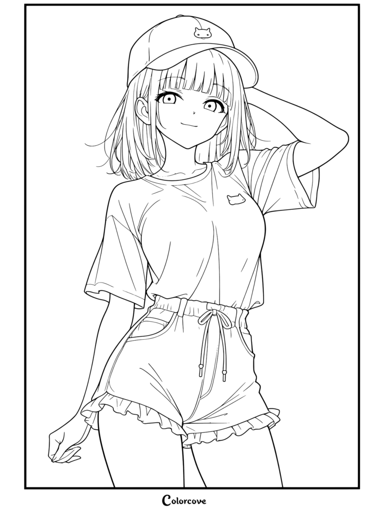 Dibujo para colorear gratis para fans de Chicas Anime de una chica anime rubia con gorra de béisbol blanca, camiseta rosa y shorts celestes posando con confianza.