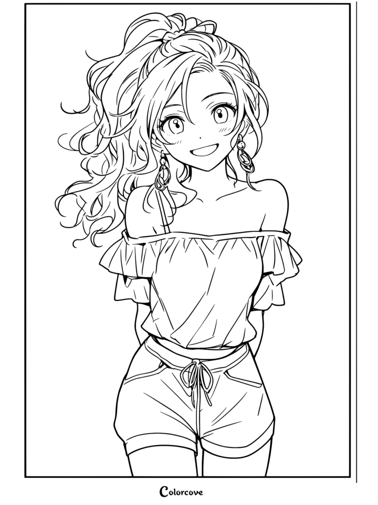 Dibujo para colorear gratis e imprimible de Chicas Anime con una chica anime de coleta rubia, ojos verdes, top rosa con hombros descubiertos y shorts verdes.