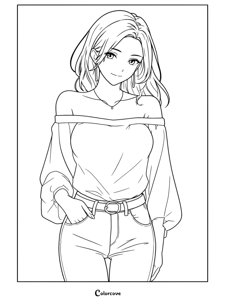 Dibujo para colorear de Chicas Anime con una chica anime de pelo castaño vestida con top blanco de hombros descubiertos, vaqueros azules y joyas doradas.