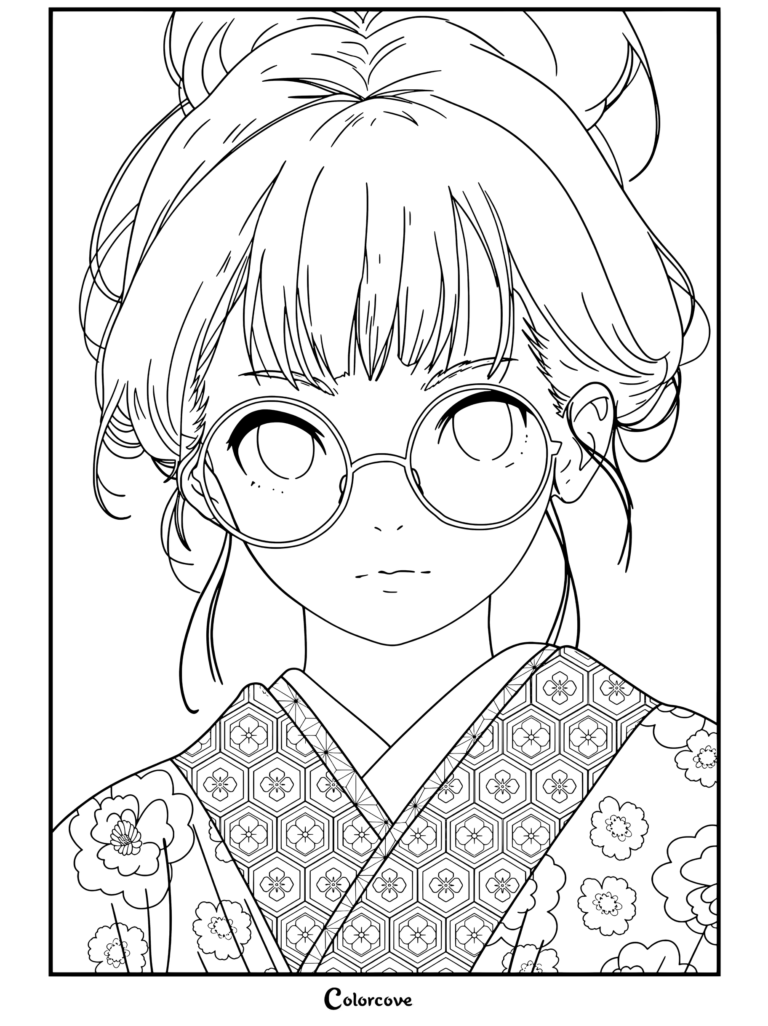 Detallado dibujo para colorear de Chicas Anime con una chica anime de cabello oscuro recogido en moños, gafas redondas rojas y un kimono azul tradicional con motivos florales.