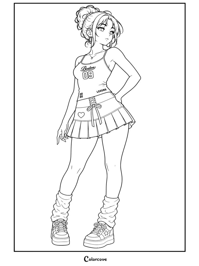 Dibujo para colorear de Chicas Anime de una chica anime de piel oscura y moño con camiseta de tirantes verde Boston 09, falda vaquera plisada y calentadores blancos.