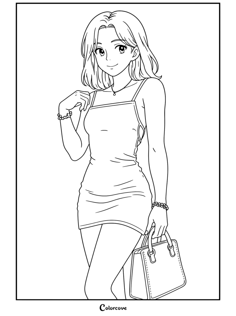 Dibujo para colorear gratis e imprimible de una chica anime con cabello castaño claro en vestido azul de tirantes finos y bolso rosa, diseñado para fans de Chicas Anime.