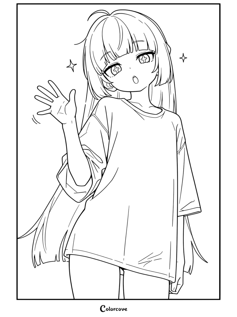 Dibujo para colorear de una chica anime de pelo largo rubio y ojos morados saludando con camiseta blanca oversize, con Chicas Anime.