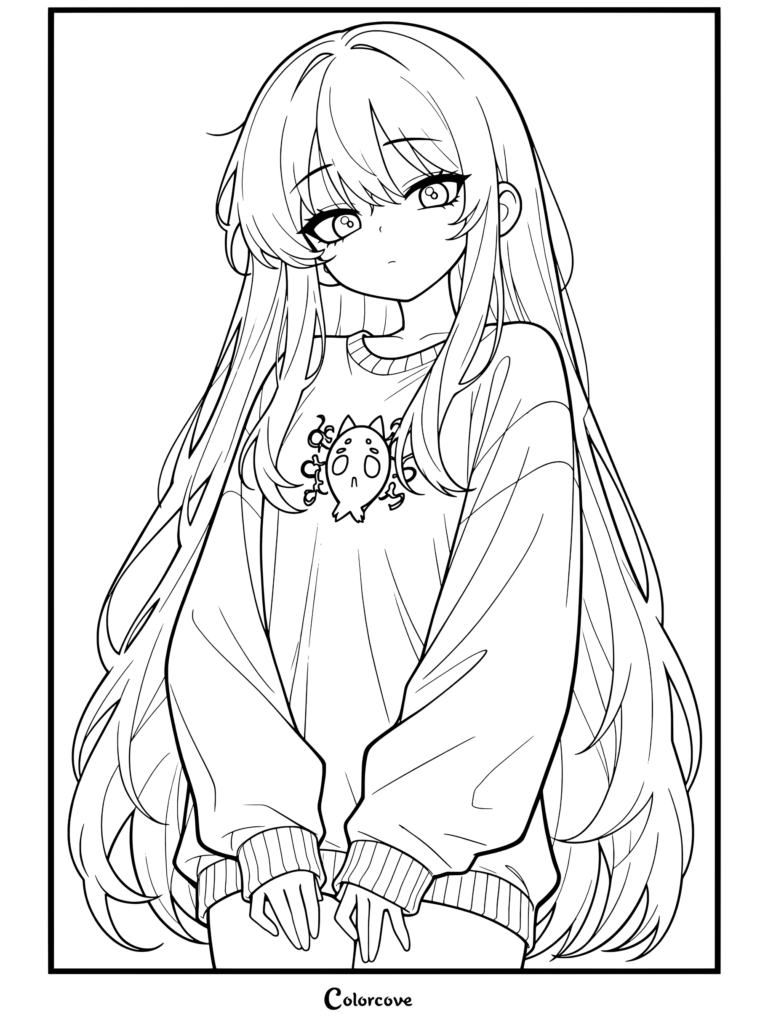 Dibujo para colorear para fans de Chicas Anime de una chica anime de largo cabello rubio con suéter beige oversize con calavera de gato y gesto tímido.